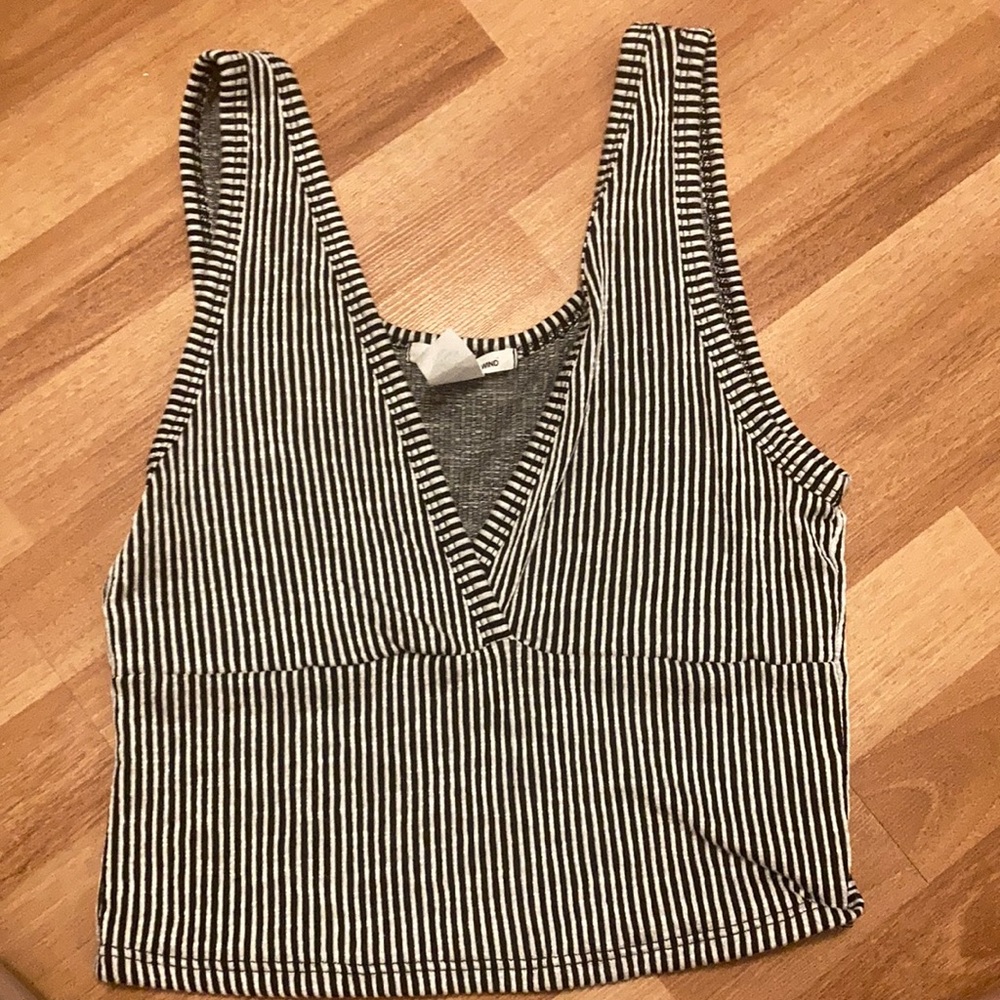 Black and white striped plunging neck crop top